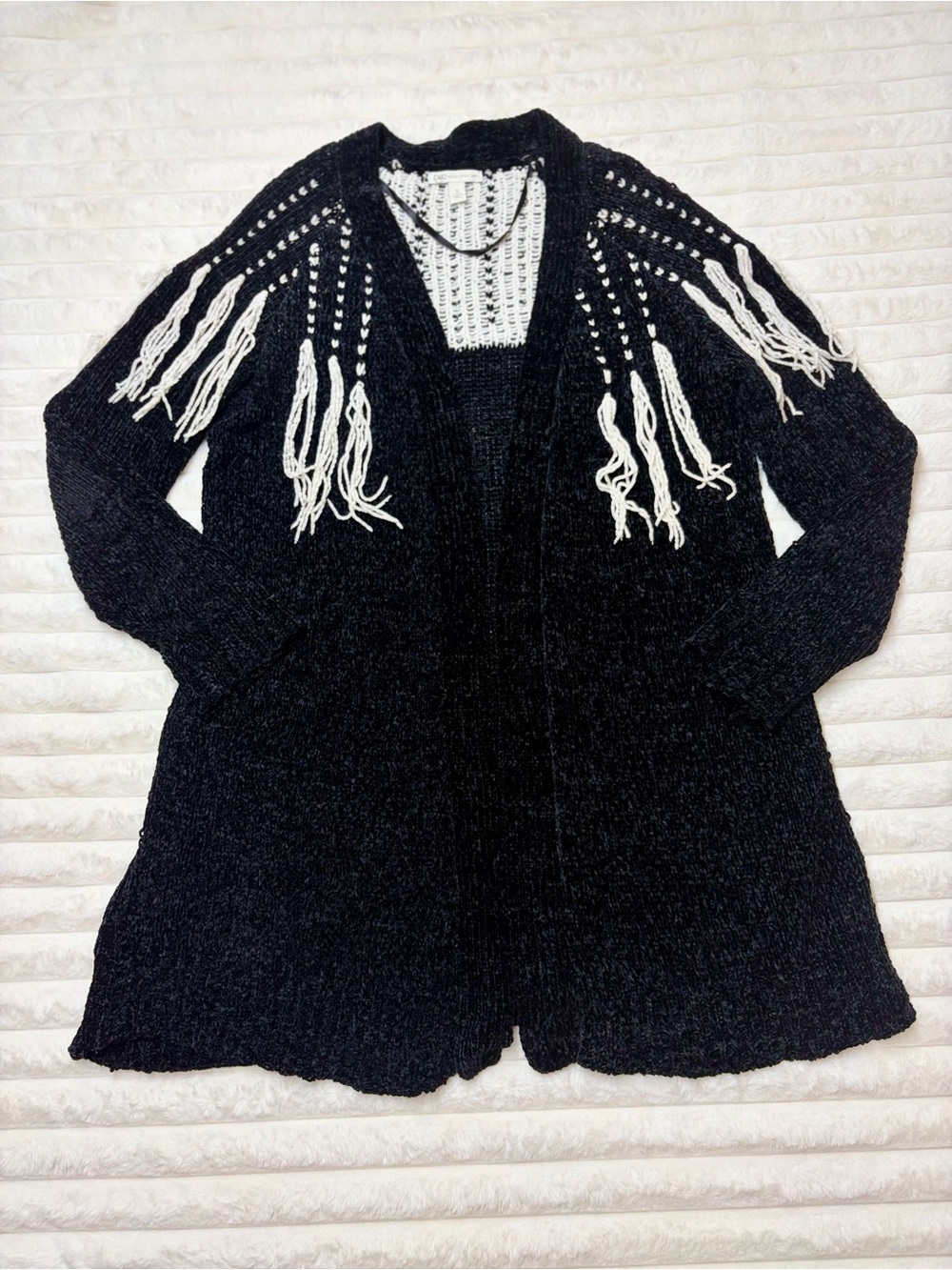 Cato Black Open-Front Cardigan with Cream Fringe